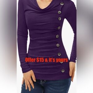Patty Boutik purple long sleeve top with cowl neck with silver button size Med